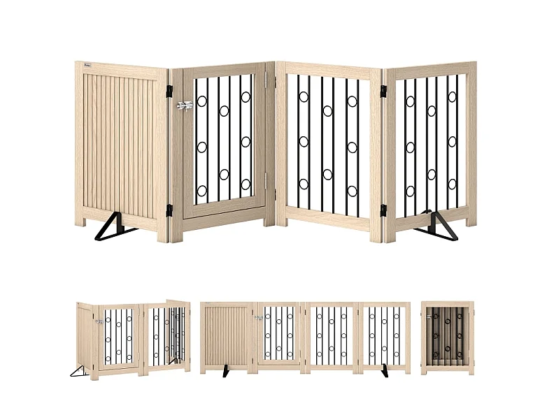 Freistehendes Hundegitter mit 4 Paneelen und Türchen, faltbar, aus Holz und Stahl, Eichenoptik, Höhe 70 cm