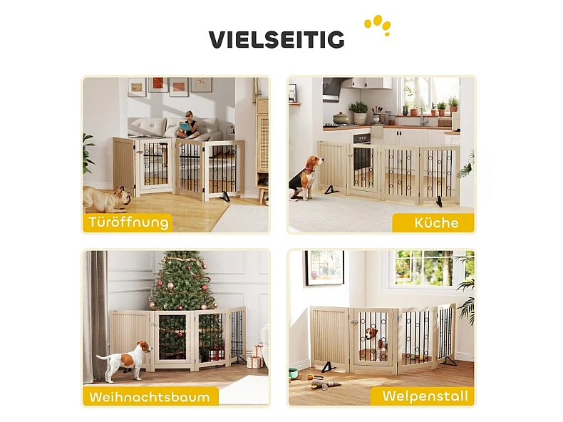 Freistehendes Hundegitter mit 4 Paneelen und Türchen, faltbar, aus Holz und Stahl, Eichenoptik, Höhe 70 cm
