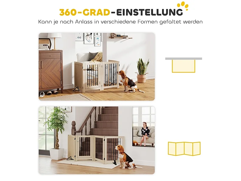 Freistehendes Hundegitter mit 4 Paneelen und Türchen, faltbar, aus Holz und Stahl, Eichenoptik, Höhe 70 cm