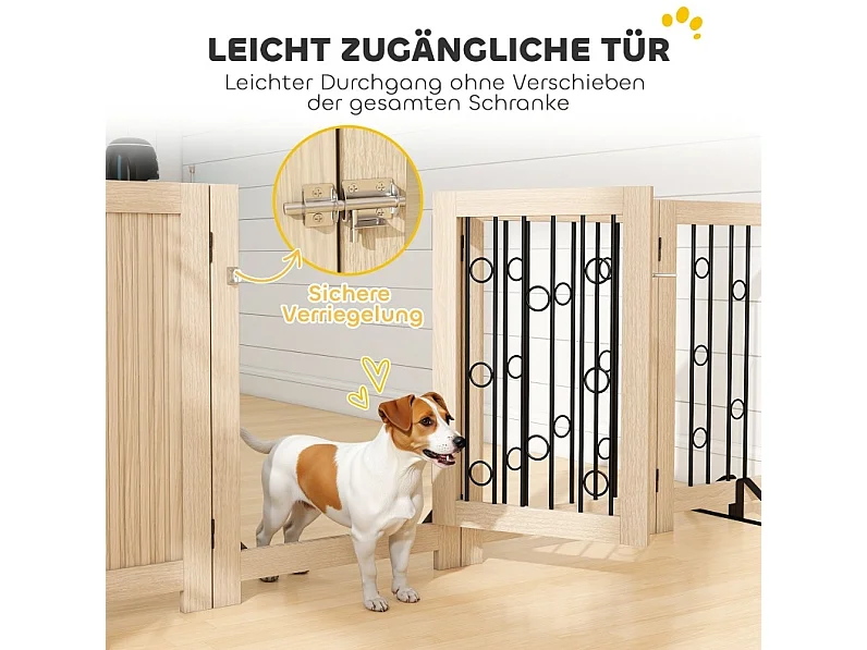 Freistehendes Hundegitter mit 4 Paneelen und Türchen, faltbar, aus Holz und Stahl, Eichenoptik, Höhe 70 cm
