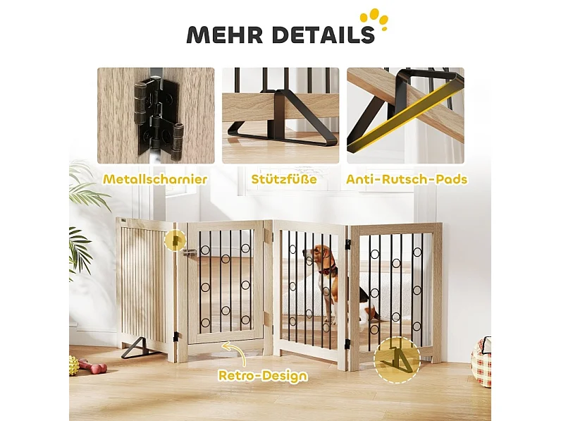 Freistehendes Hundegitter mit 4 Paneelen und Türchen, faltbar, aus Holz und Stahl, Eichenoptik, Höhe 70 cm