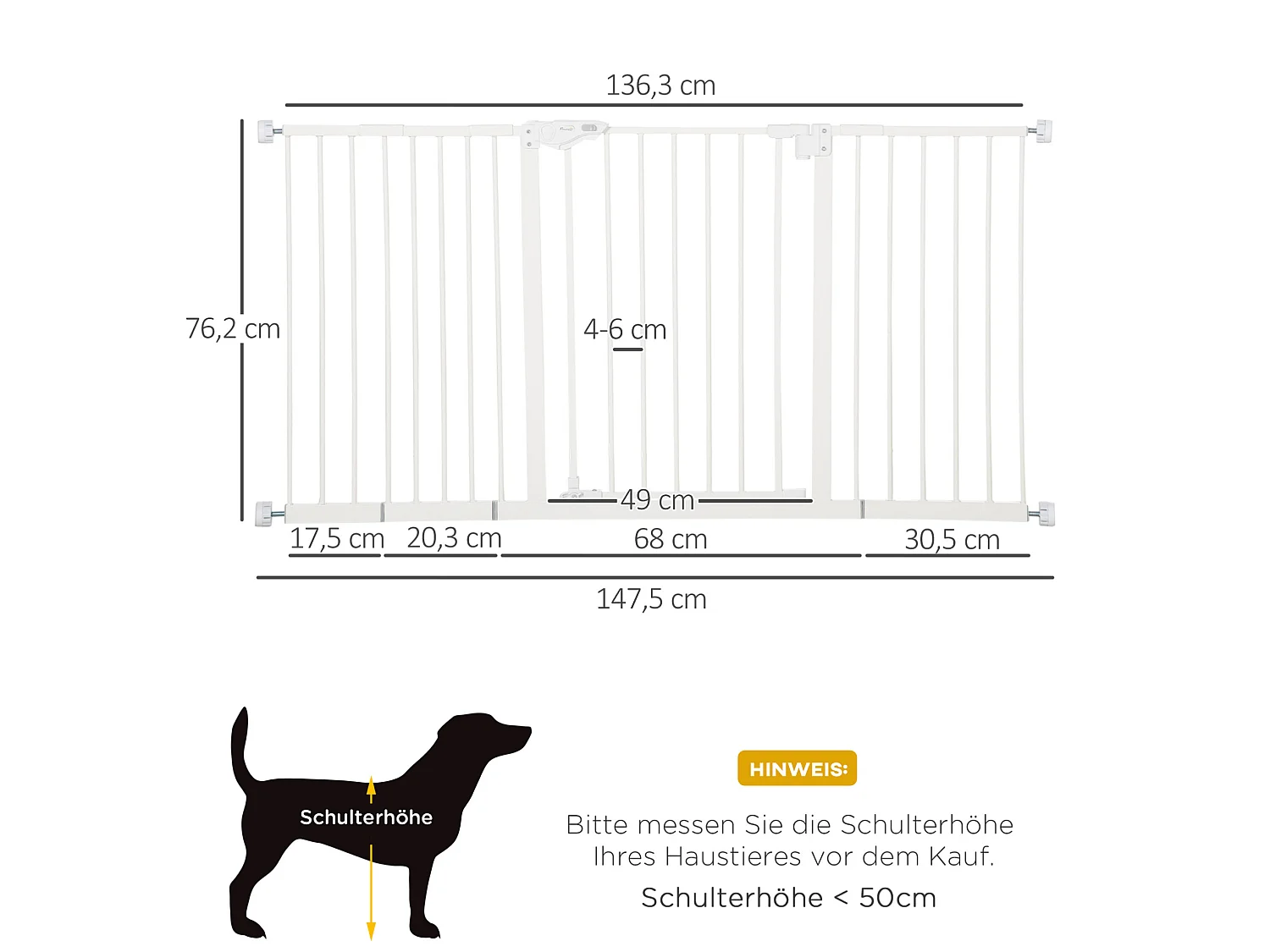 Sicherheitsgitter für Hunde aus Metall, weiß, Breite 74 bis 147,5 cm verstellbar, mit 3 Verlängerungen, ohne Bohren