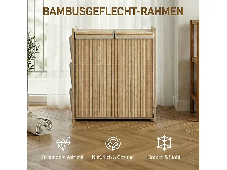 Wäschekorb aus Bambus mit Deckel, 2 herausnehmbaren Säcken und 4 Seitentaschen, 120 l, Naturholz