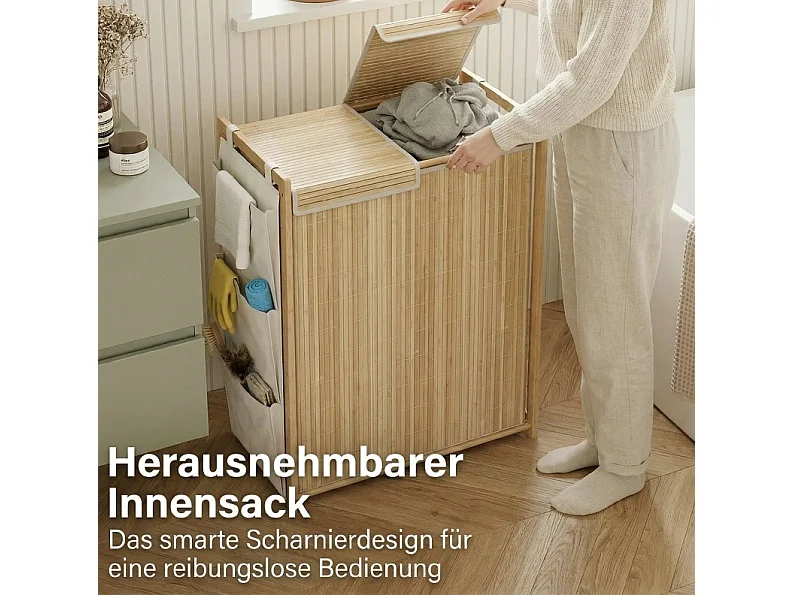 Wäschekorb aus Bambus mit Deckel, 2 herausnehmbaren Säcken und 4 Seitentaschen, 120 l, Naturholz