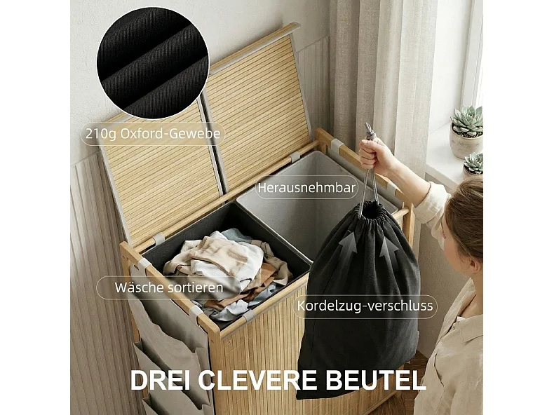 Wäschekorb aus Bambus mit Deckel, 2 herausnehmbaren Säcken und 4 Seitentaschen, 120 l, Naturholz