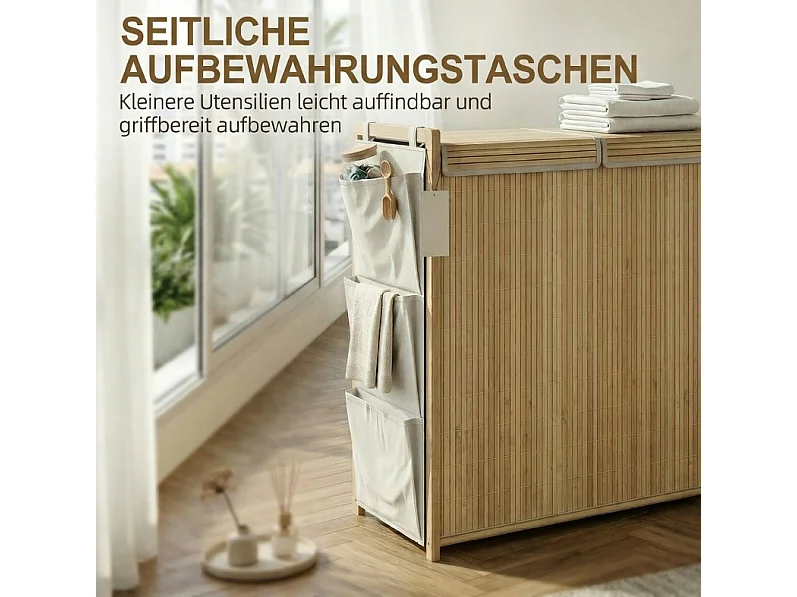 Wäschekorb aus Bambus mit Deckel, 2 herausnehmbaren Säcken und 4 Seitentaschen, 120 l, Naturholz