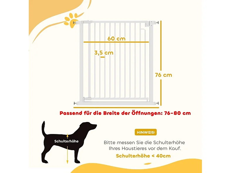 Sicherheitsgitter ohne Bohren für Kinder und Haustiere, automatisches Schließen, Kohlenstoffstahl, weiß, 76 bis 80 cm