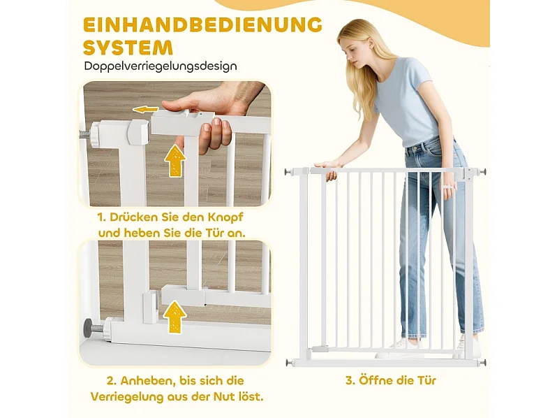 Sicherheitsgitter ohne Bohren für Kinder und Haustiere, automatisches Schließen, Kohlenstoffstahl, weiß, 76 bis 80 cm