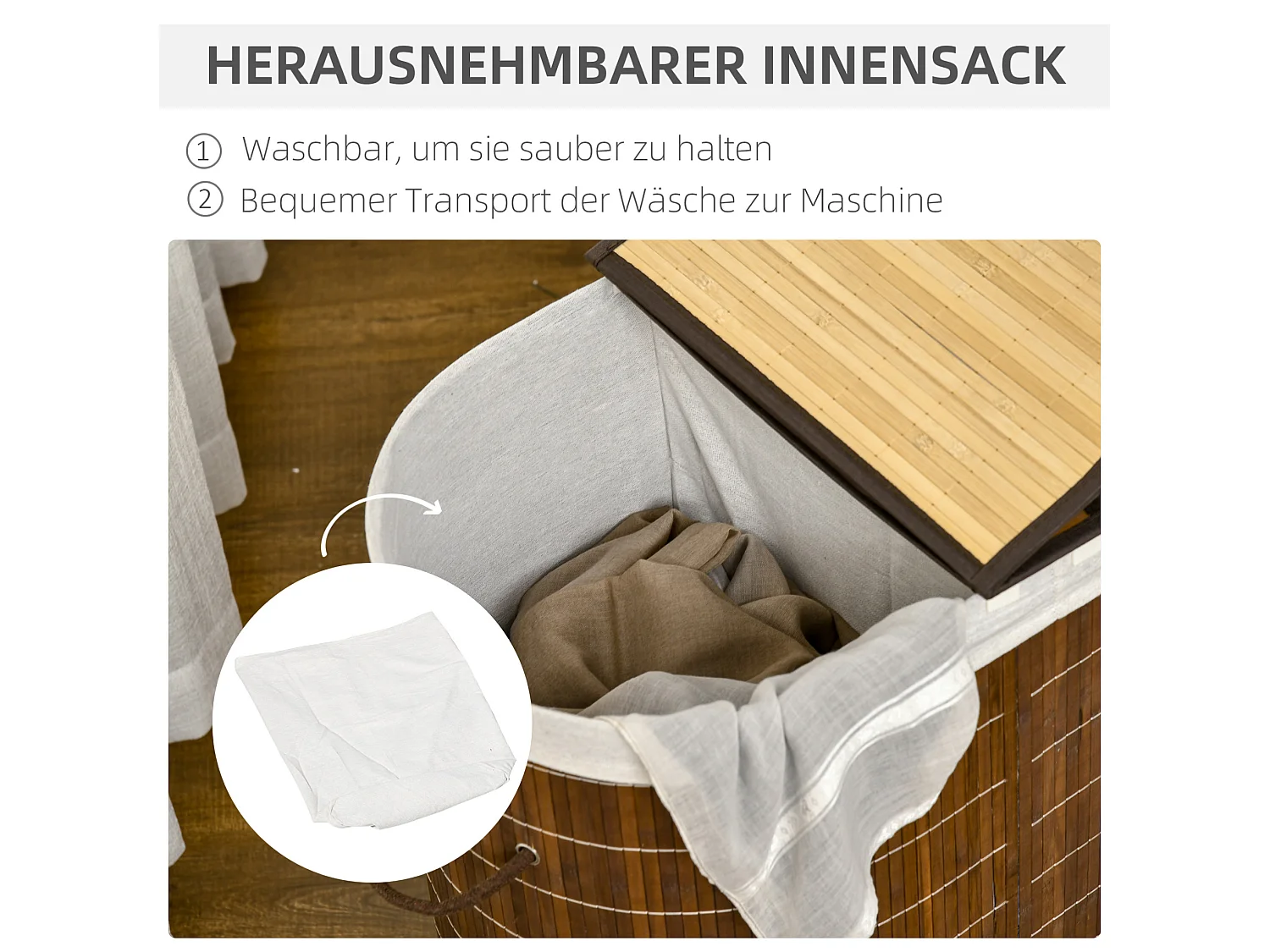 Wäschekorb aus Bambus, braun, mit Deckel, zwei Fächern und herausnehmbaren Säcken, 100 l
