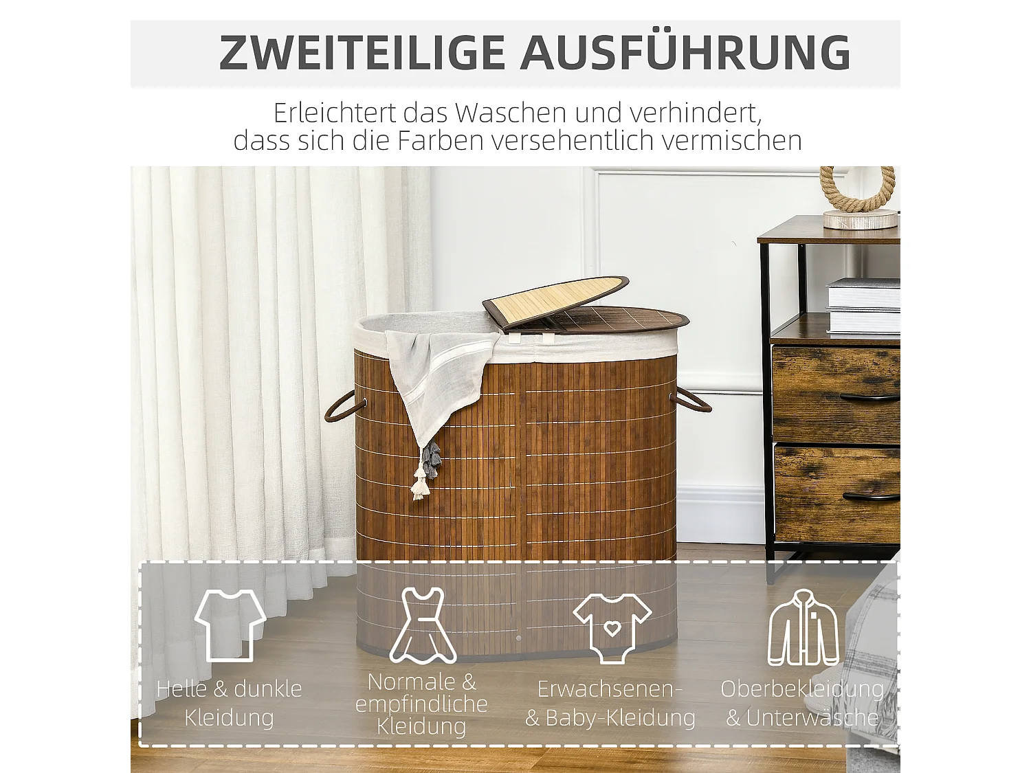 Wäschekorb aus Bambus, braun, mit Deckel, zwei Fächern und herausnehmbaren Säcken, 100 l