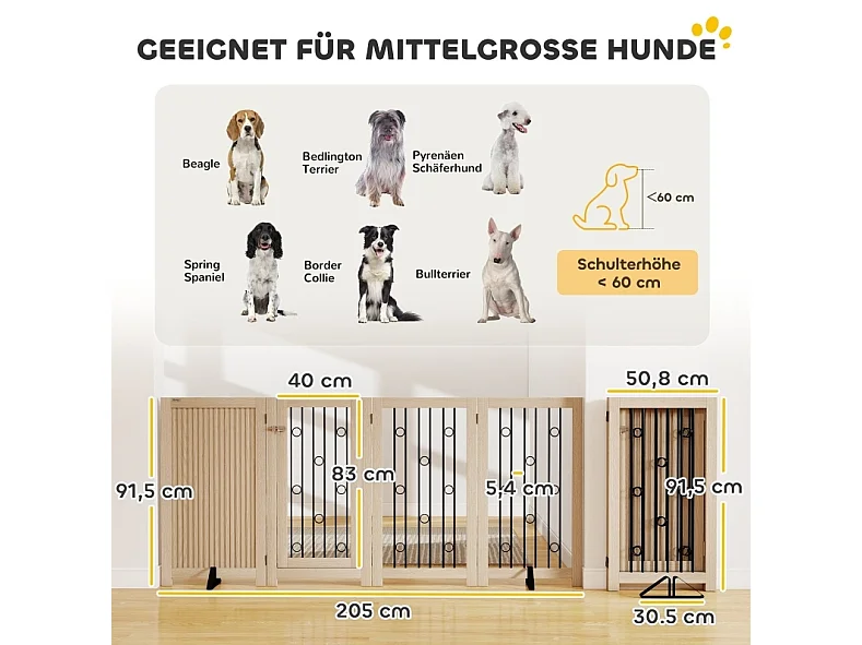 Freistehendes Hundegitter mit 4 Paneelen und Türchen, aus Holz und Stahl, faltbar, Eichenoptik