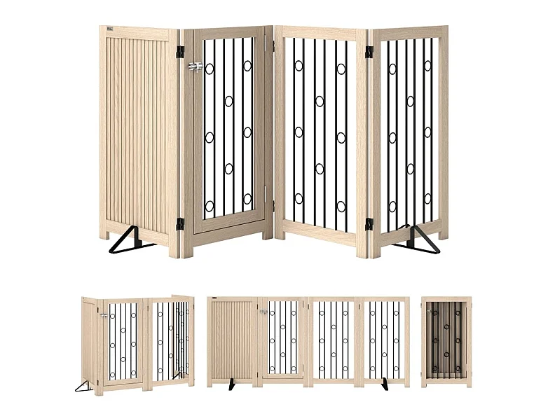 Freistehendes Hundegitter mit 4 Paneelen und Türchen, aus Holz und Stahl, faltbar, Eichenoptik