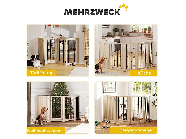 Freistehendes Hundegitter mit 4 Paneelen und Türchen, aus Holz und Stahl, faltbar, Eichenoptik
