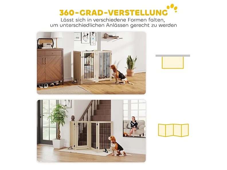 Freistehendes Hundegitter mit 4 Paneelen und Türchen, aus Holz und Stahl, faltbar, Eichenoptik