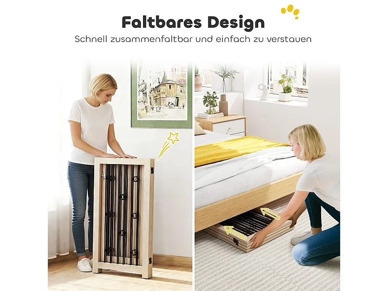 Freistehendes Hundegitter mit 4 Paneelen und Türchen, aus Holz und Stahl, faltbar, Eichenoptik