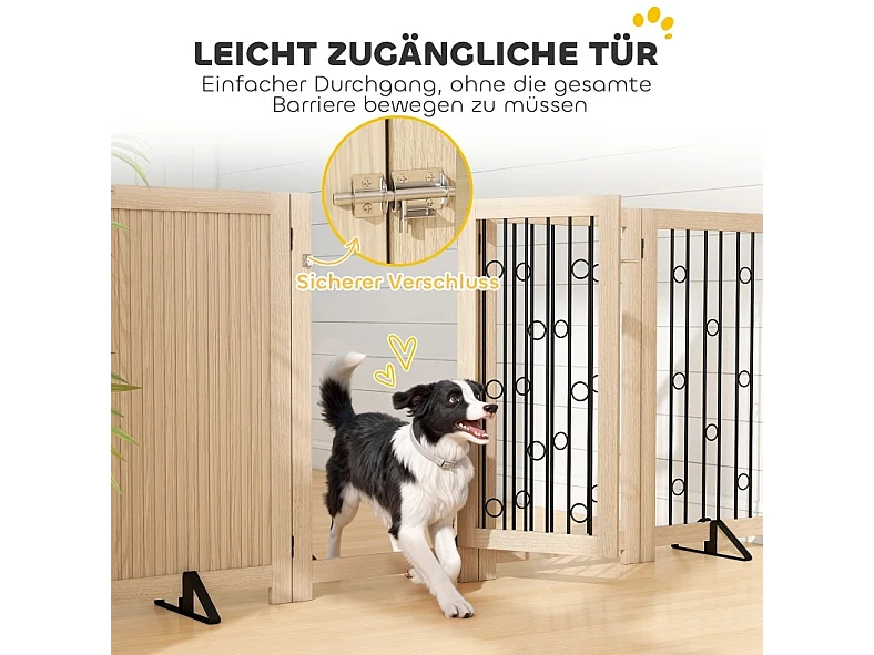 Freistehendes Hundegitter mit 4 Paneelen und Türchen, aus Holz und Stahl, faltbar, Eichenoptik
