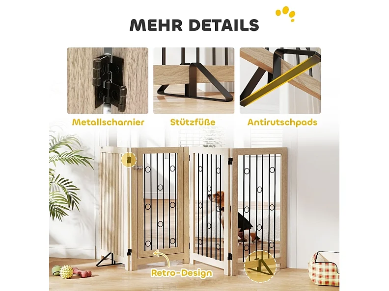 Freistehendes Hundegitter mit 4 Paneelen und Türchen, aus Holz und Stahl, faltbar, Eichenoptik
