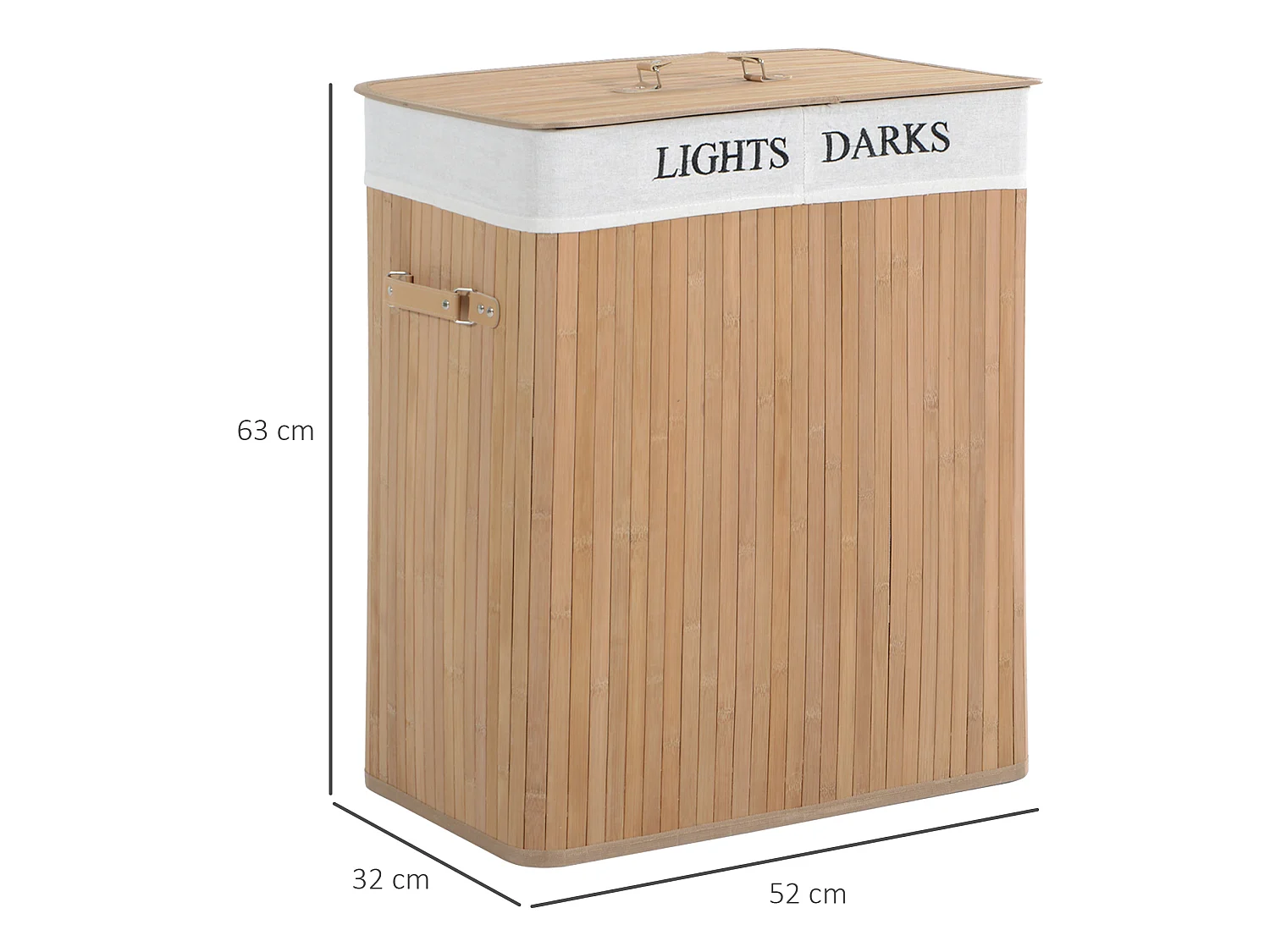 Wäschekorb mit Deckel aus Bambus und Stoff, 100 l, 2 Fächer, natur, 52 x 32 x 63 cm