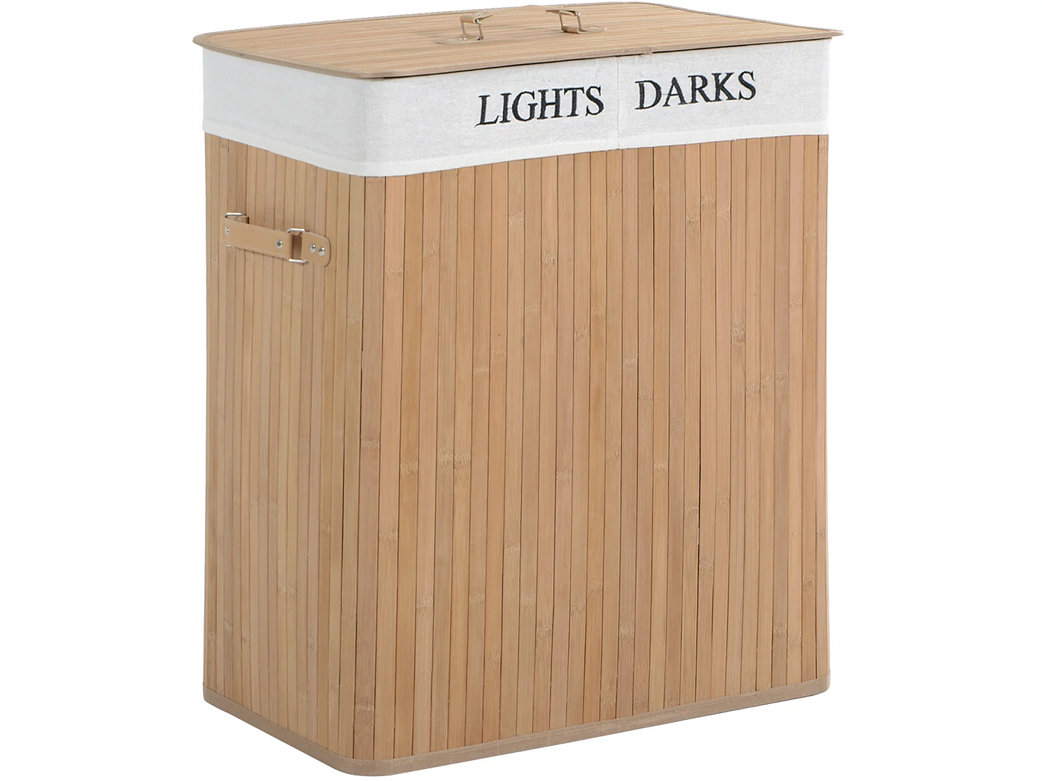 Wäschekorb mit Deckel aus Bambus und Stoff, 100 l, 2 Fächer, natur, 52 x 32 x 63 cm