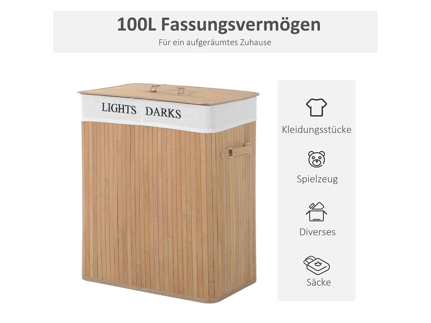 Wäschekorb mit Deckel aus Bambus und Stoff, 100 l, 2 Fächer, natur, 52 x 32 x 63 cm