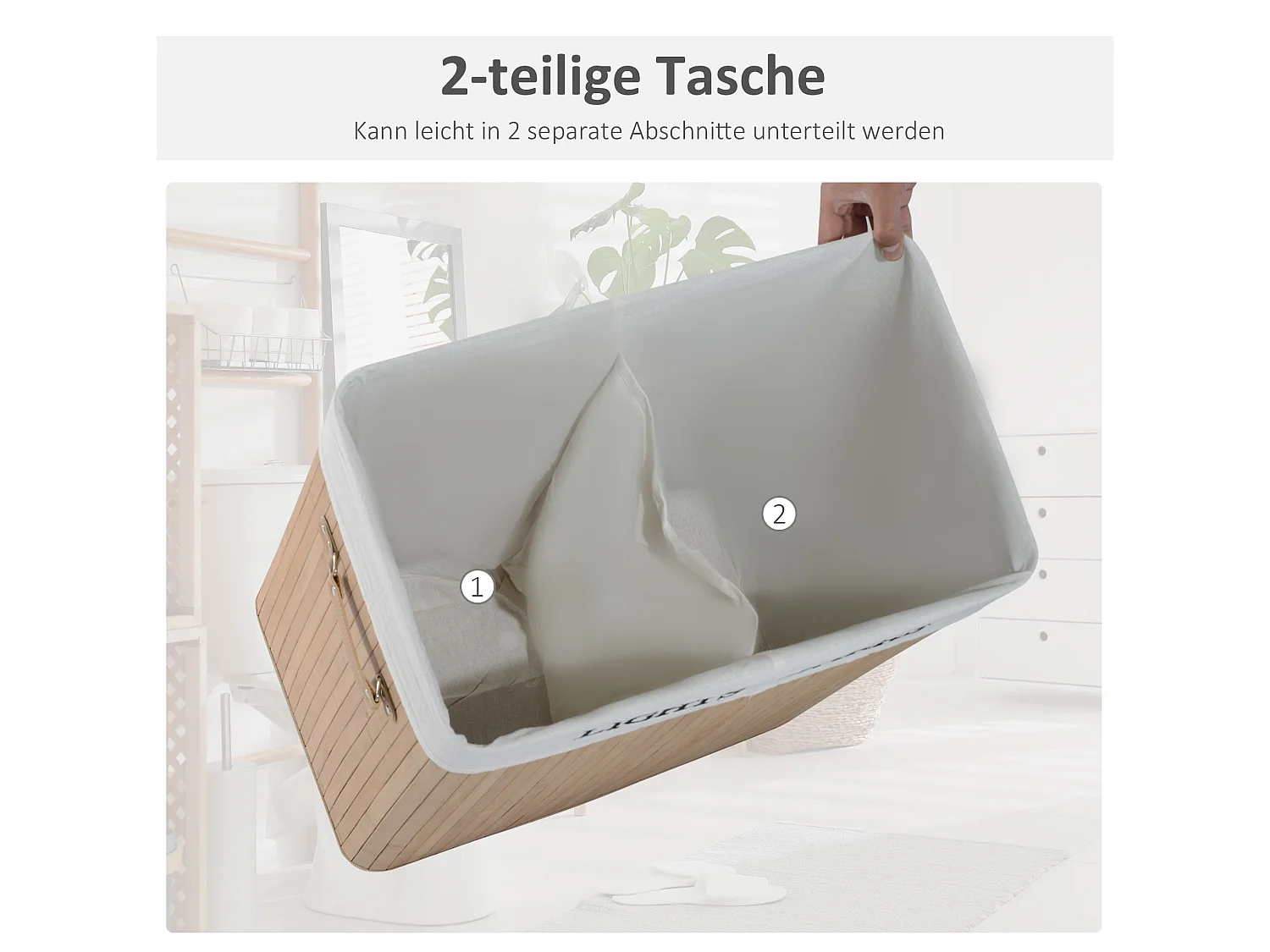 Wäschekorb mit Deckel aus Bambus und Stoff, 100 l, 2 Fächer, natur, 52 x 32 x 63 cm