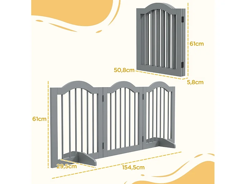 Faltbares Hundegitter aus Holz und MDF, hellgrau, 3 Paneelen, 154,5 x 61 cm