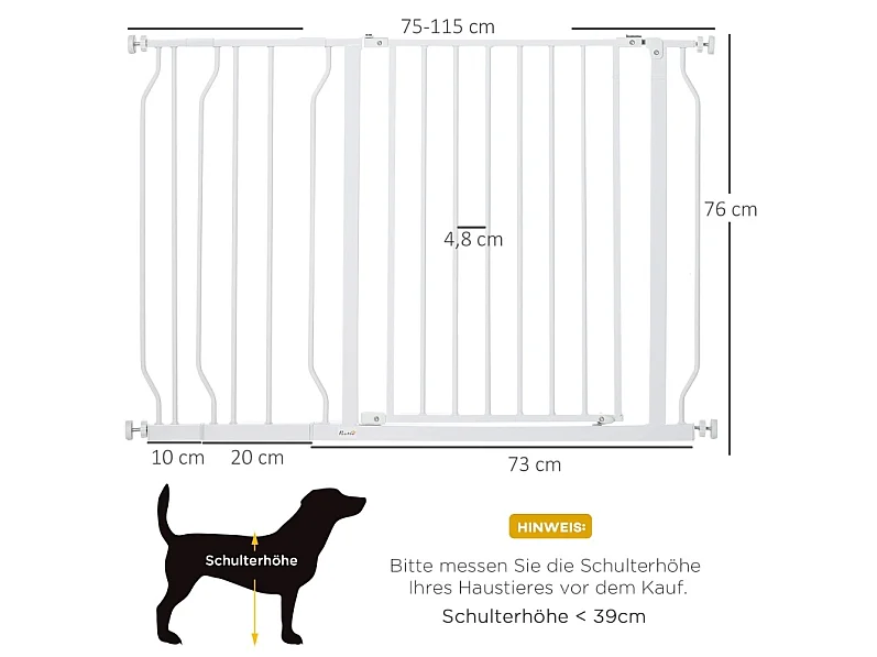Verstellbares Sicherheitsgitter für Hunde, 75 bis 115 cm, ABS weiß, ohne Bohren, Höhe 76 cm