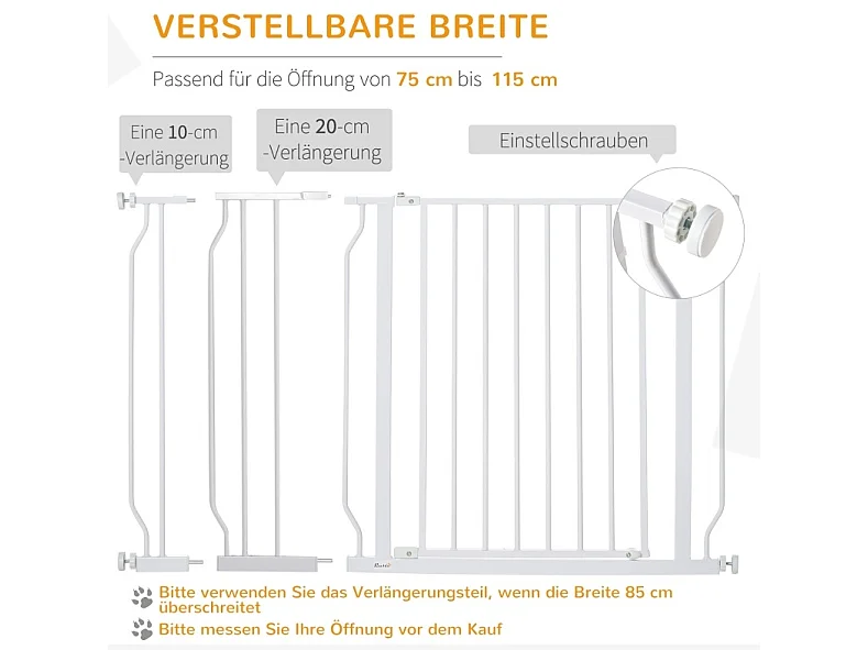 Verstellbares Sicherheitsgitter für Hunde, 75 bis 115 cm, ABS weiß, ohne Bohren, Höhe 76 cm