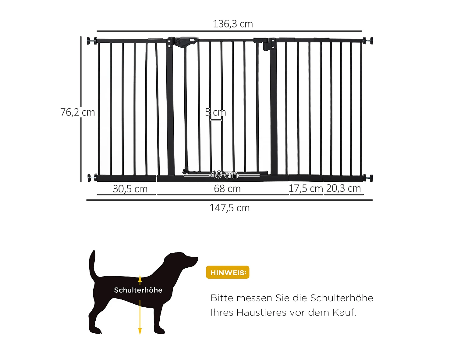 Sicherheitsgitter für Hunde aus Metall, schwarz, ohne Bohren, Höhe 76,2 cm