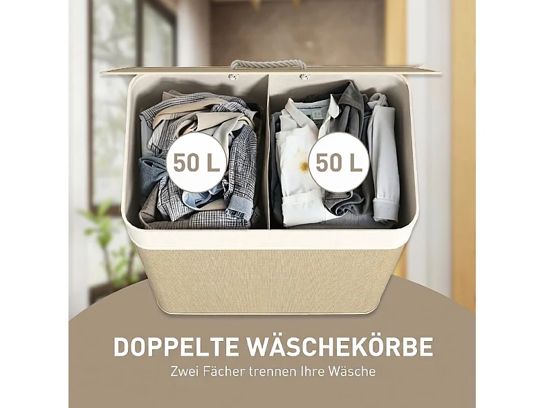 Wäschekorb aus weißem Bambus, 100 l, mit Deckel und herausnehmbarem, waschbarem Sack