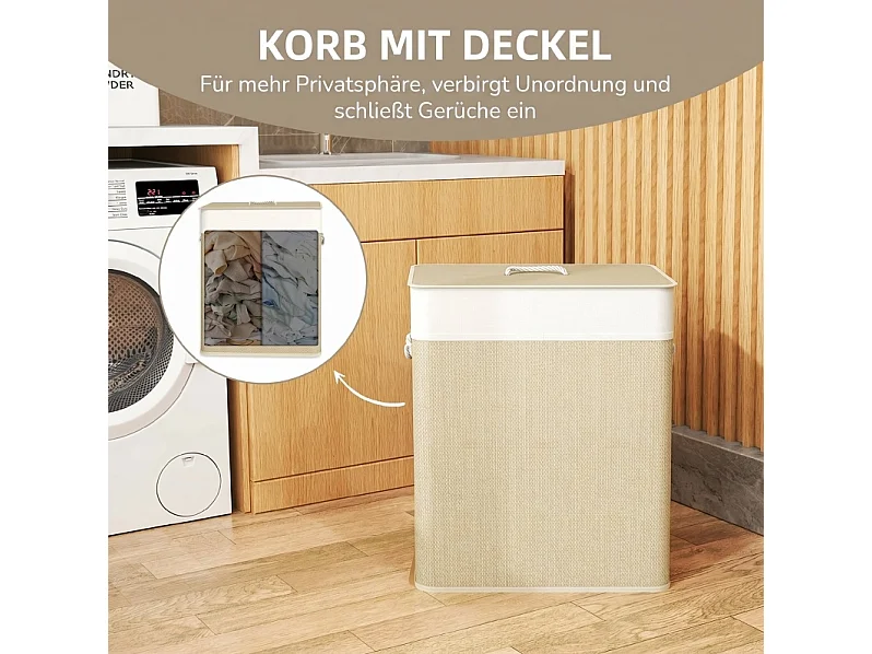 Wäschekorb aus weißem Bambus, 100 l, mit Deckel und herausnehmbarem, waschbarem Sack