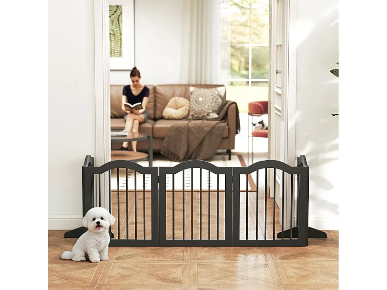 Sicherheitsgitter für Hunde aus Holz, 5 faltbare Paneelen mit Füßen, 261,5 x 61 cm, schwarz