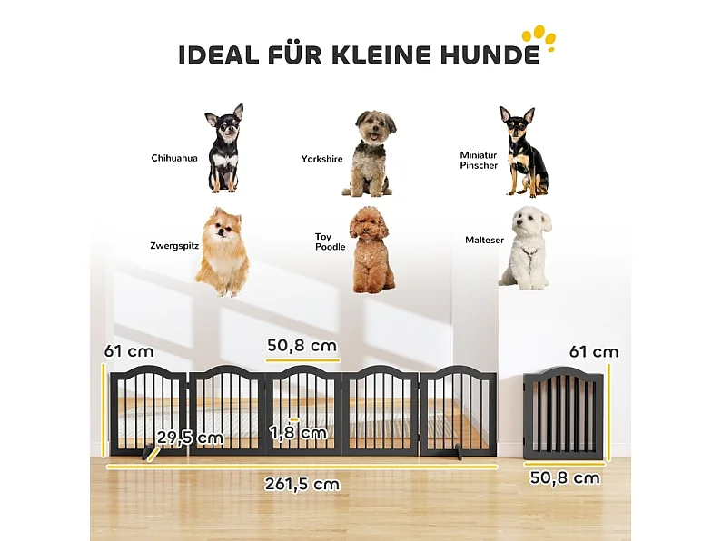 Sicherheitsgitter für Hunde aus Holz, 5 faltbare Paneelen mit Füßen, 261,5 x 61 cm, schwarz