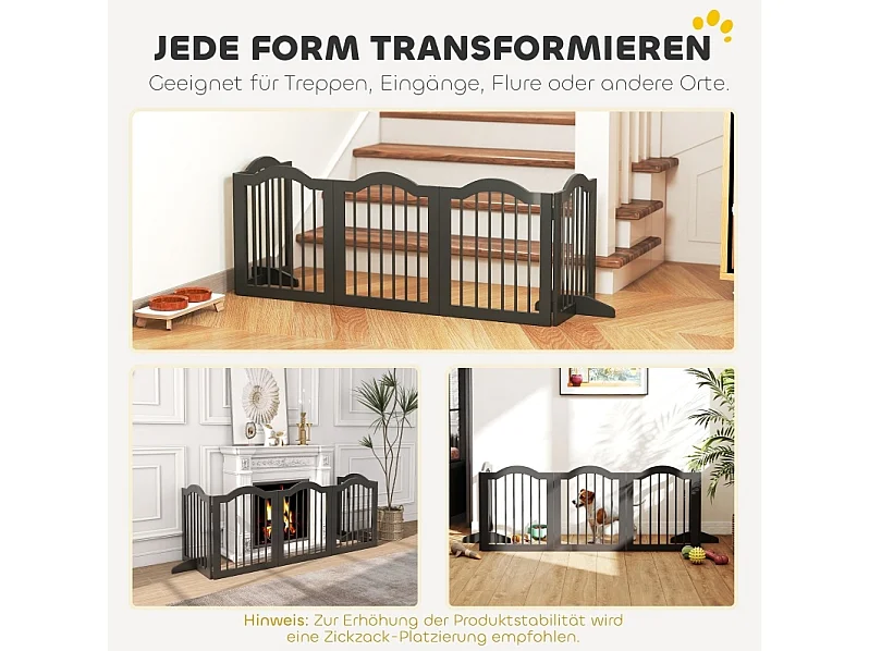 Sicherheitsgitter für Hunde aus Holz, 5 faltbare Paneelen mit Füßen, 261,5 x 61 cm, schwarz