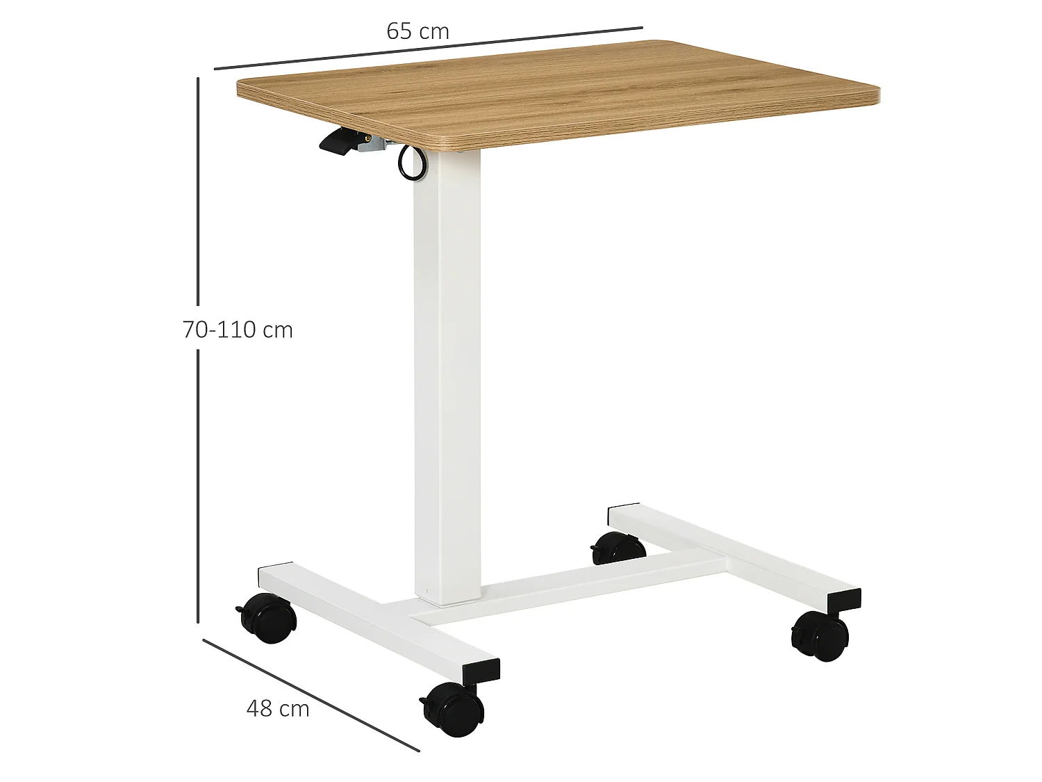 Zit-sta bureau met verstelbare hoogte van staal en hout, met wielen, naturel en wit