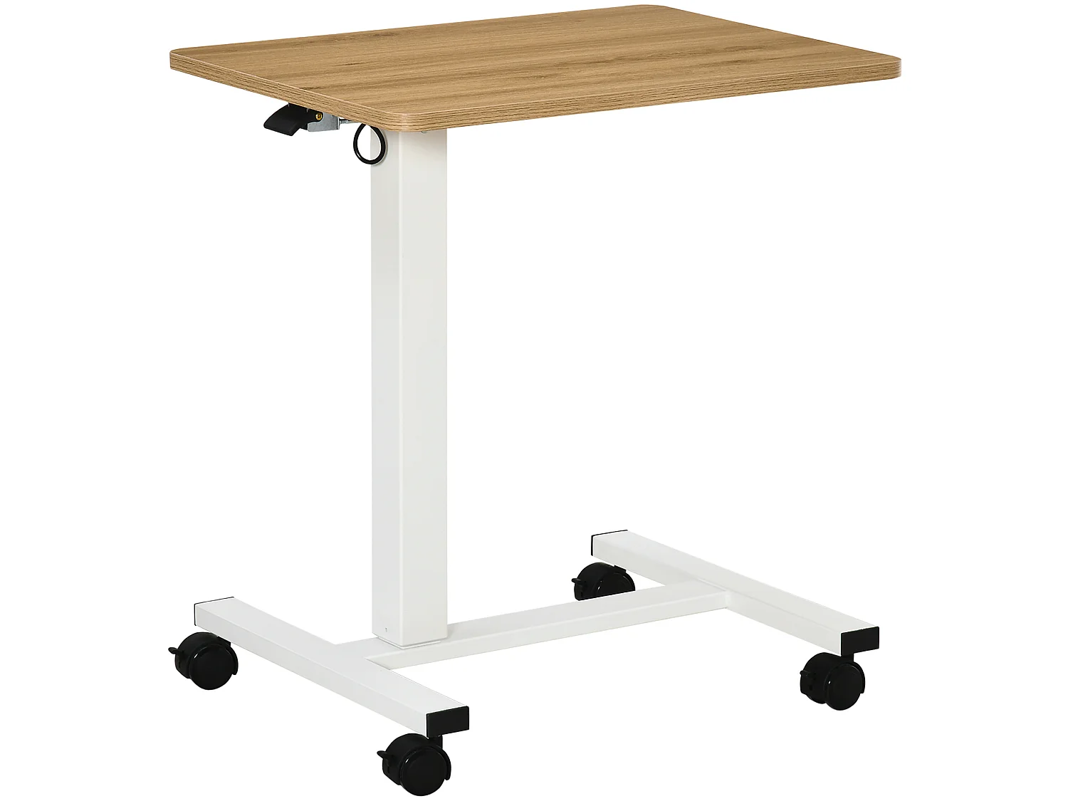 Zit-sta bureau met verstelbare hoogte van staal en hout, met wielen, naturel en wit