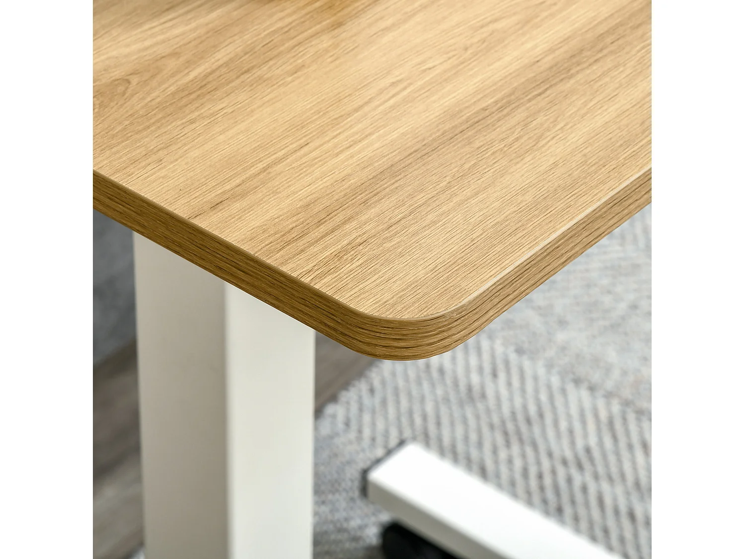 Zit-sta bureau met verstelbare hoogte van staal en hout, met wielen, naturel en wit