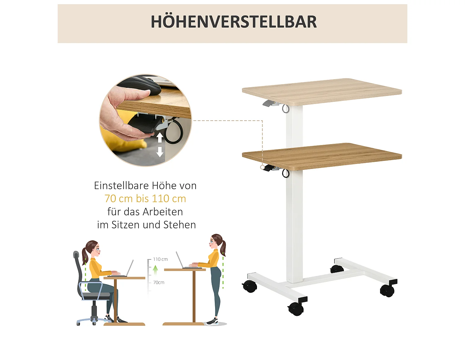 Zit-sta bureau met verstelbare hoogte van staal en hout, met wielen, naturel en wit