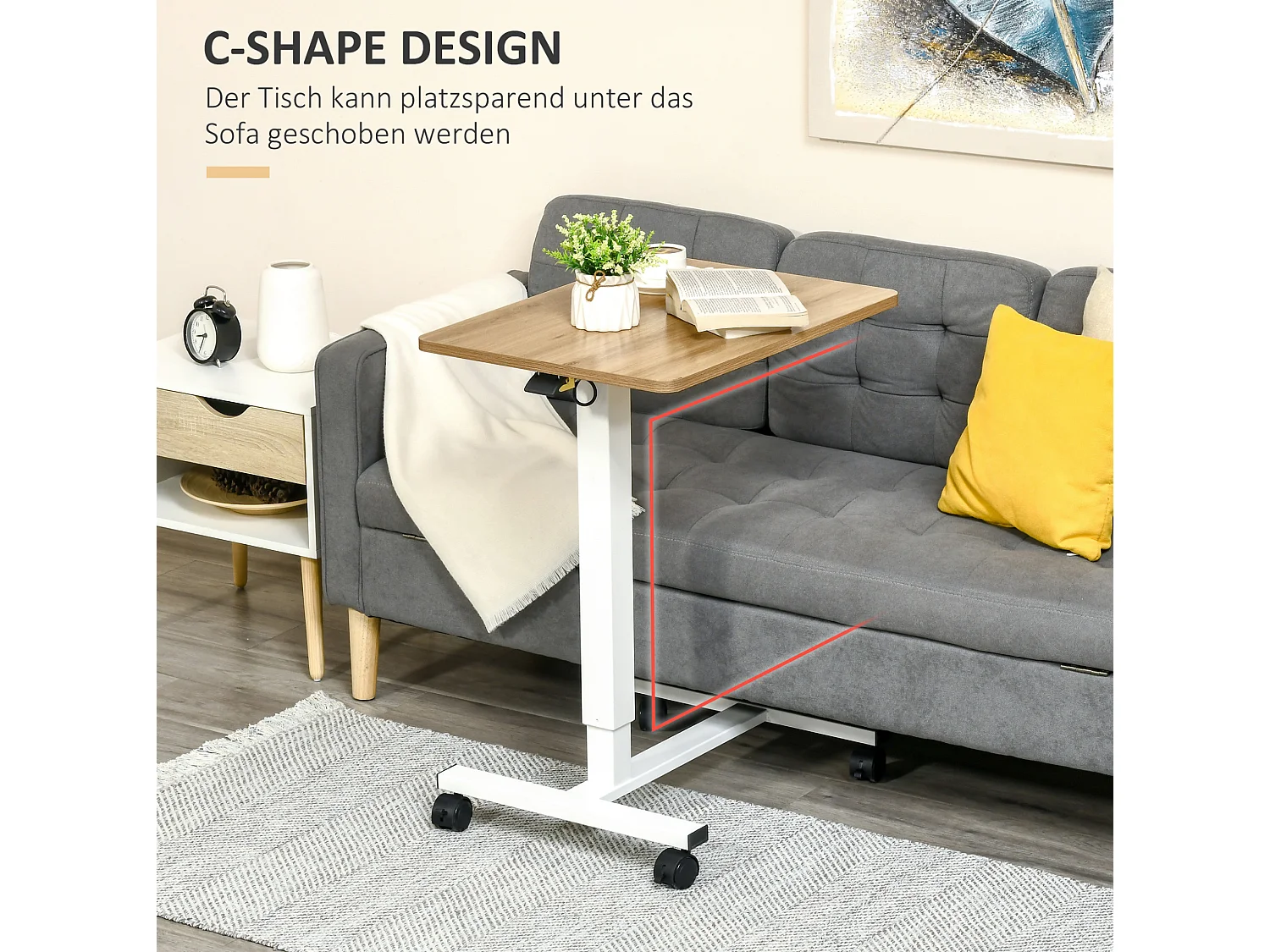 Zit-sta bureau met verstelbare hoogte van staal en hout, met wielen, naturel en wit