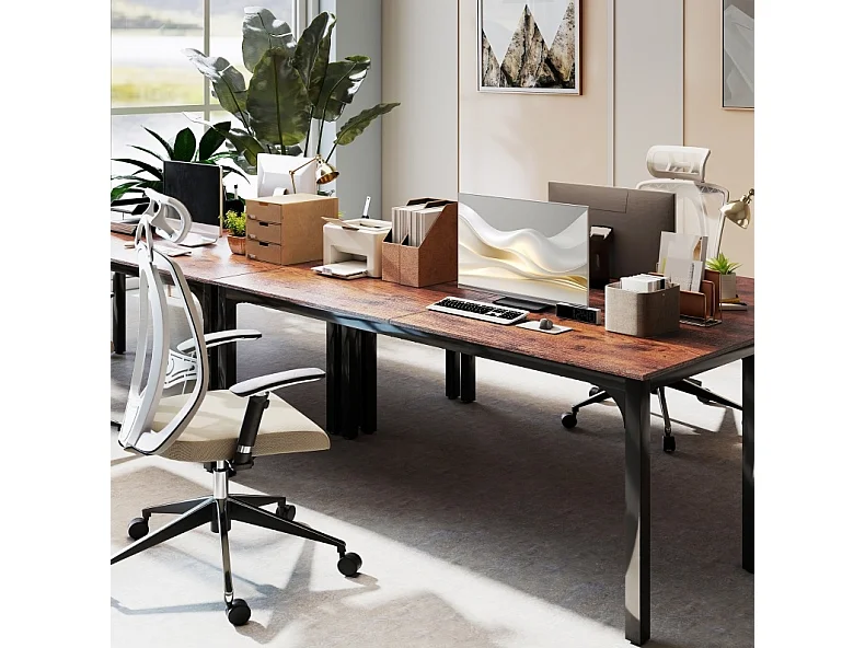 Industrieel computerbureau van gemelamineerd hout en staal, roestbruin en zwart, 200 x 60 x 75 cm