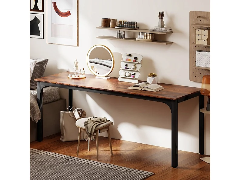 Industrieel computerbureau van gemelamineerd hout en staal, roestbruin en zwart, 200 x 60 x 75 cm