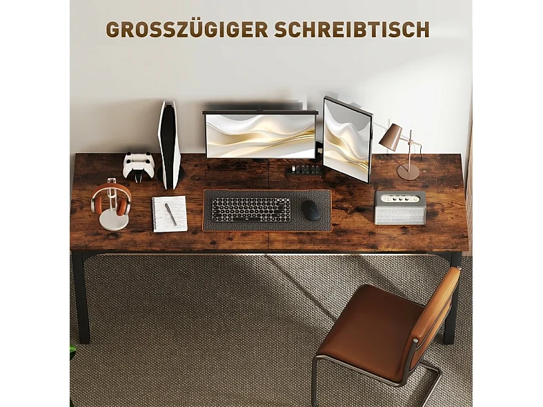 Industrieel computerbureau van gemelamineerd hout en staal, roestbruin en zwart, 200 x 60 x 75 cm