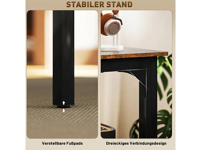 Industrieel computerbureau van gemelamineerd hout en staal, roestbruin en zwart, 200 x 60 x 75 cm