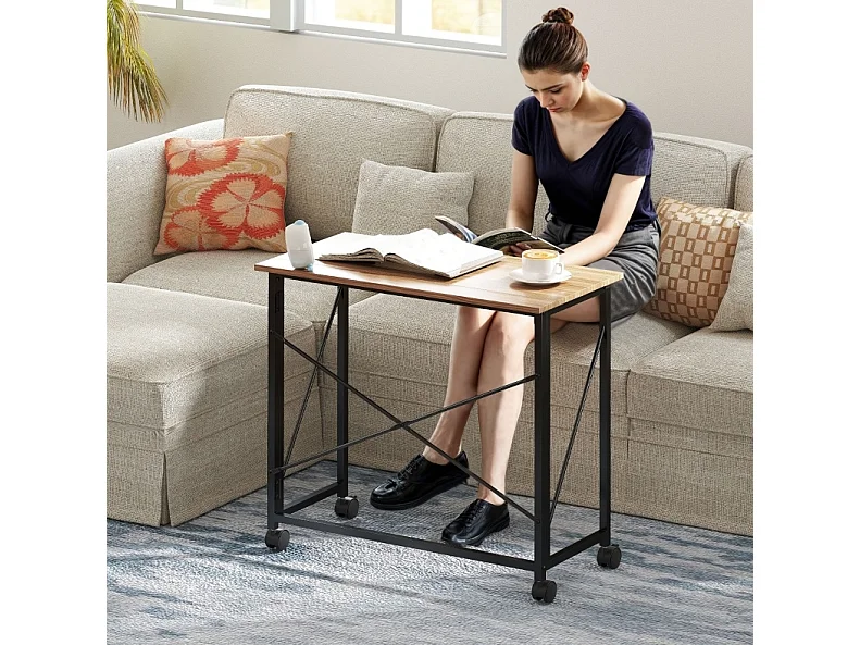 Opvouwbaar bureau op wielen van 80 cm van hout en staal, eikeneffect, compact voor kleine ruimtes