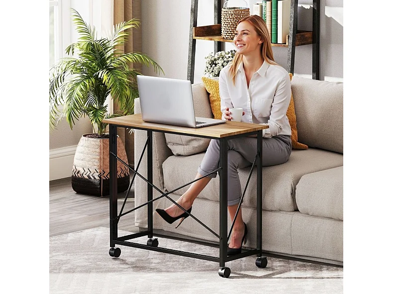 Opvouwbaar bureau op wielen van 80 cm van hout en staal, eikeneffect, compact voor kleine ruimtes