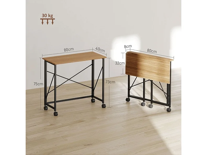 Opvouwbaar bureau op wielen van 80 cm van hout en staal, eikeneffect, compact voor kleine ruimtes