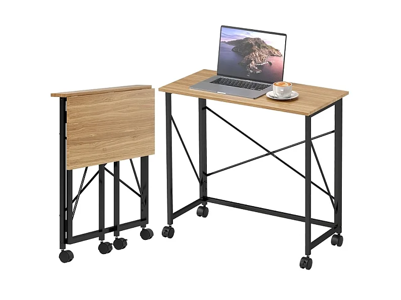 Opvouwbaar bureau op wielen van 80 cm van hout en staal, eikeneffect, compact voor kleine ruimtes