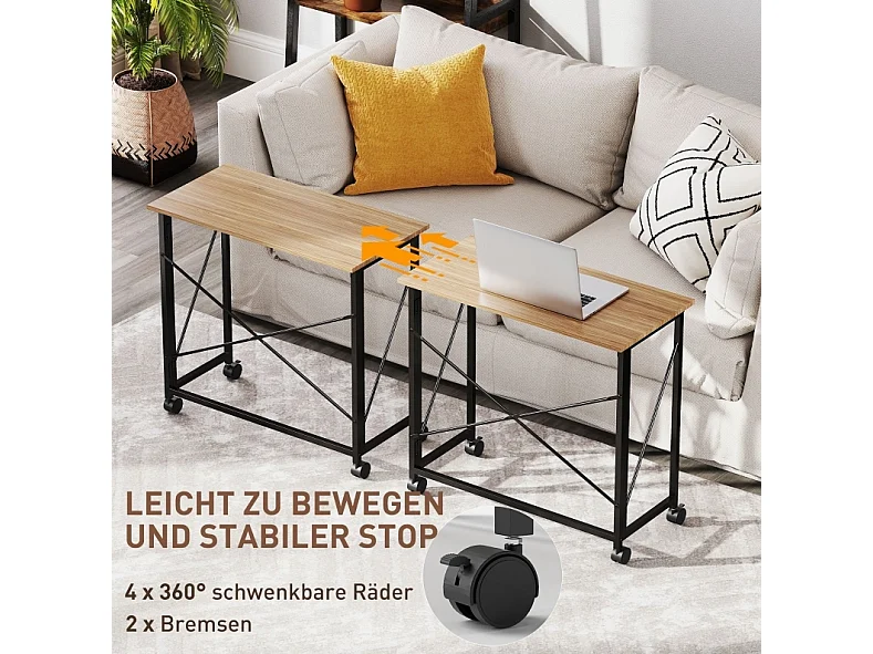 Opvouwbaar bureau op wielen van 80 cm van hout en staal, eikeneffect, compact voor kleine ruimtes