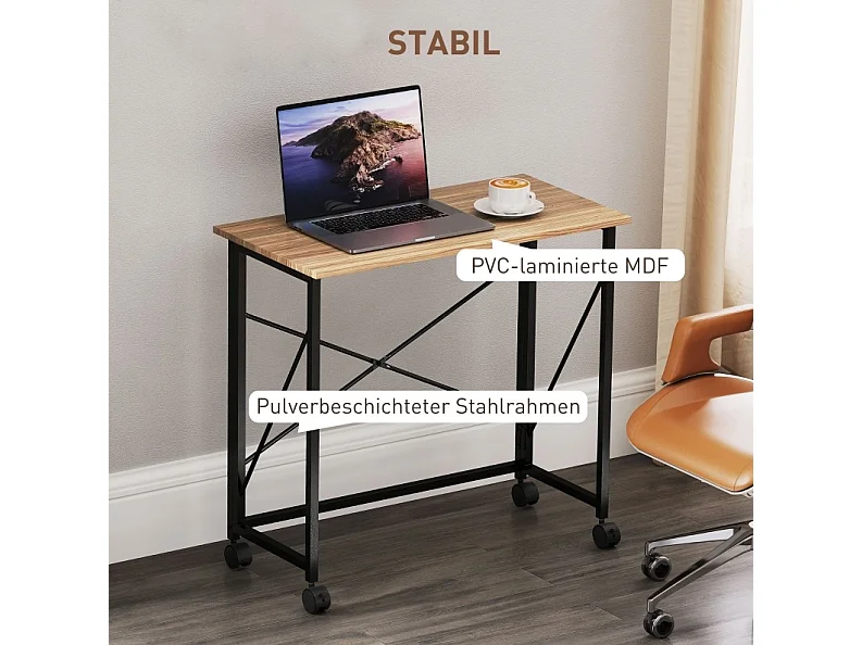 Opvouwbaar bureau op wielen van 80 cm van hout en staal, eikeneffect, compact voor kleine ruimtes