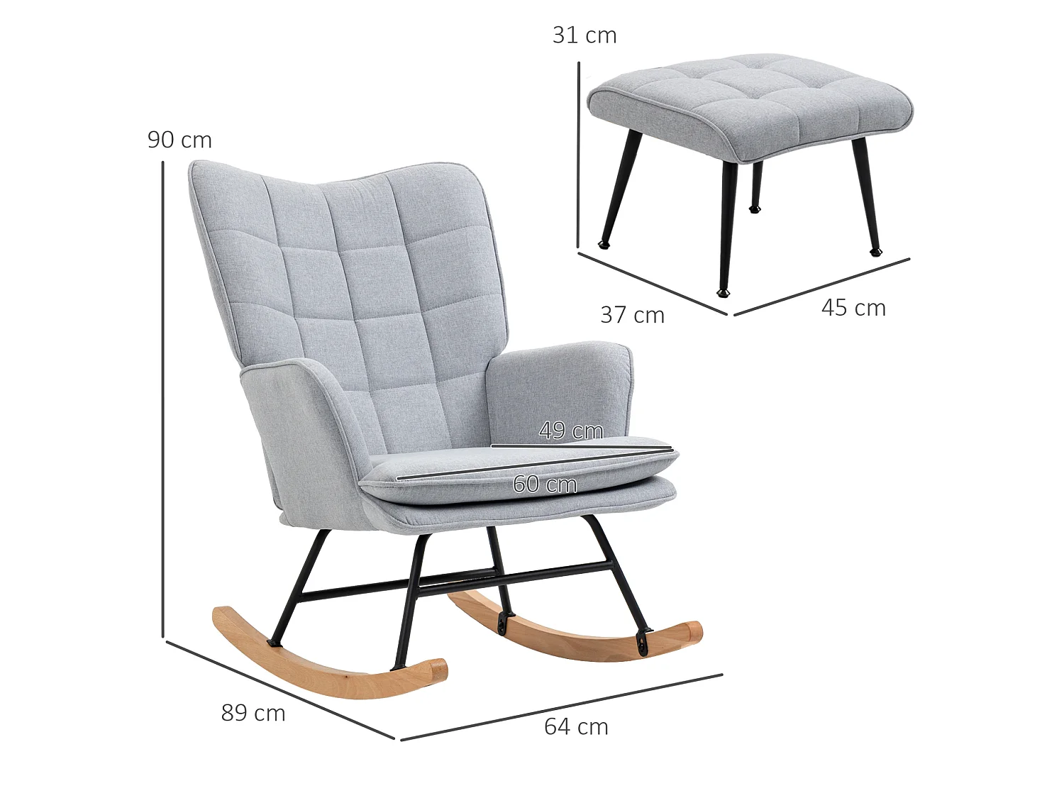 Fauteuil à bascule avec repose-pieds en polyester gris clair, dossier haut et accoudoirs